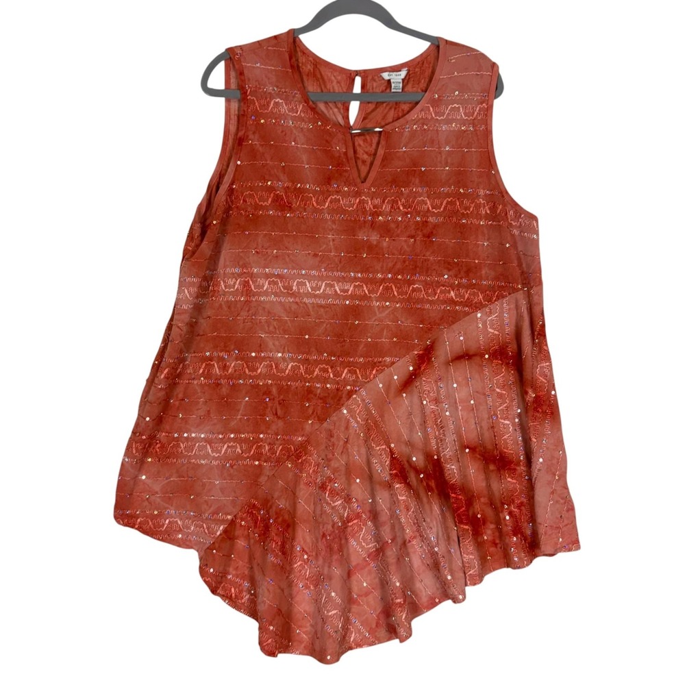 EST. 1946 Tank Top Womens 18/20W Orange Sequin Keyhole Asymmetrical Ruffle Tunic